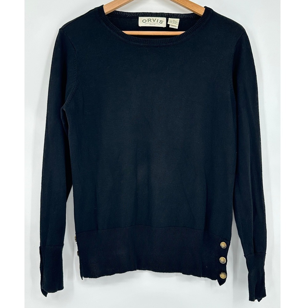 Orvis Womens Black Linen Cotton Blend Crewneck Sweater Button Side Hem Size M